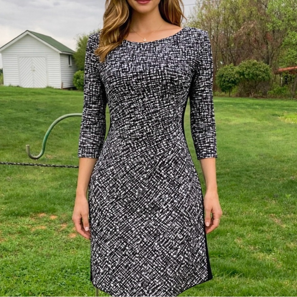 Lauren Ralph Lauren 3/4 Sleeve Ruched Black/White Midi Dress Women’s Size 6
